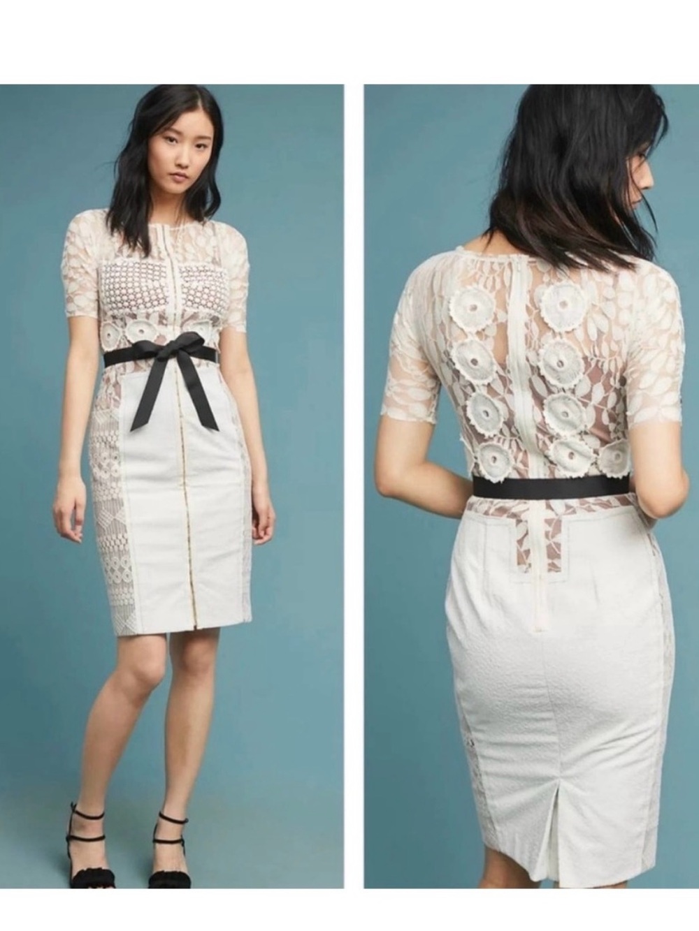 Anthropologie Byron Lars Lace-Overlay White Pencil Skirt with Black Bow